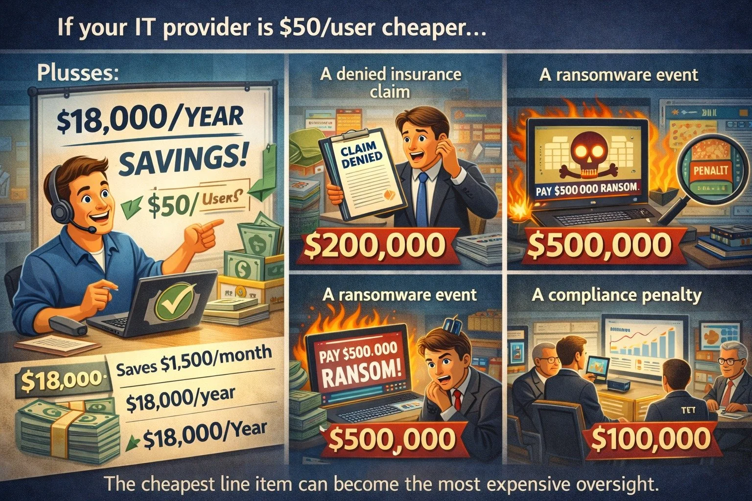 If your IT provider is $50/user cheaper&hellip;

On a 30-user company, that&rsquo;s $1,500/month.

$18,000/year.

Now compare that to:
&bull; A denied insurance claim
&bull; A ransomware event
&bull; A compliance penalty

The cheapest line item can b