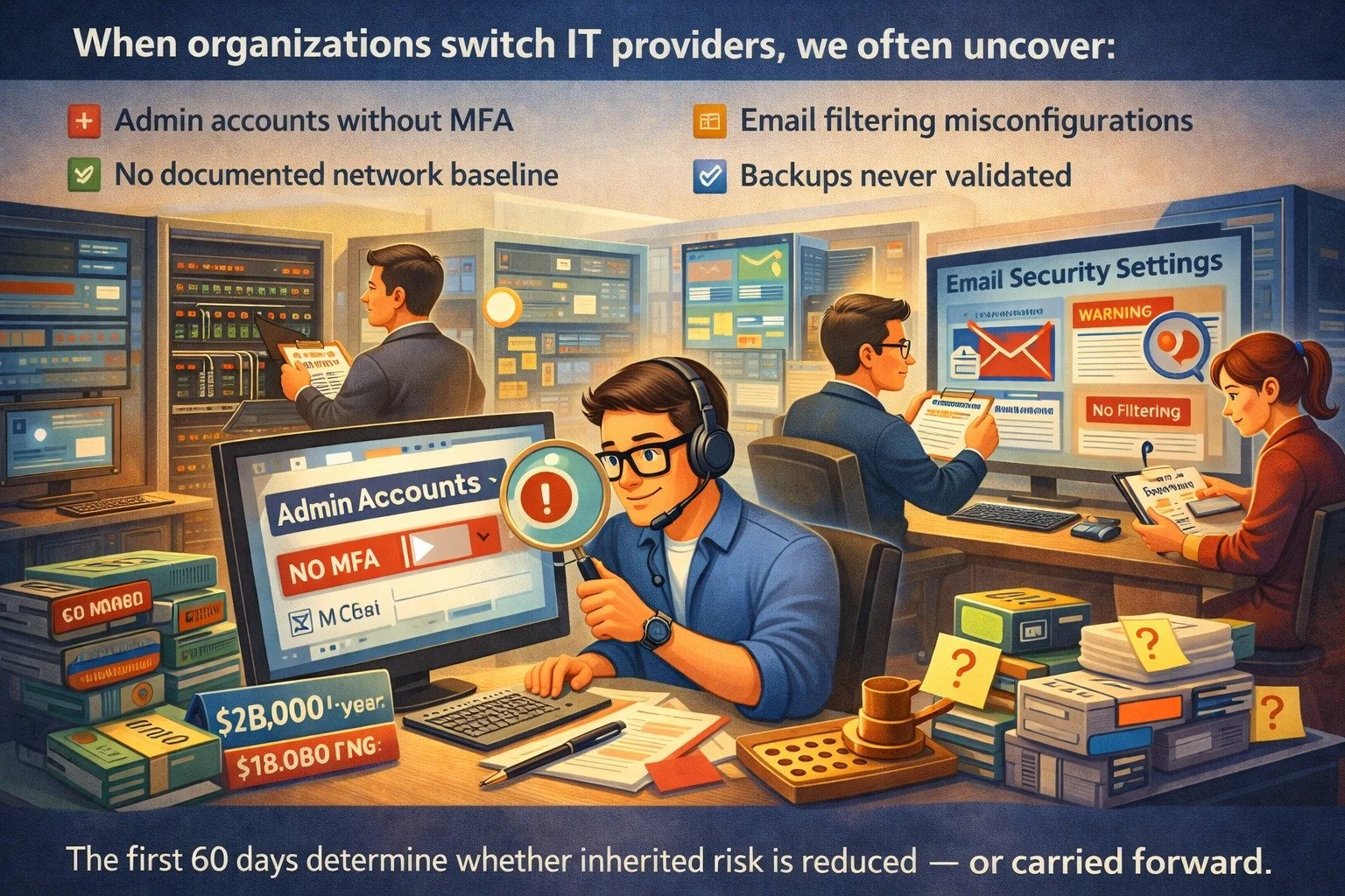 When organizations switch IT providers, we often uncover:

&bull; Admin accounts without MFA
&bull; No documented network baseline
&bull; Email filtering misconfigurations
&bull; Backups that were never validated

The first 60 days determine whether 