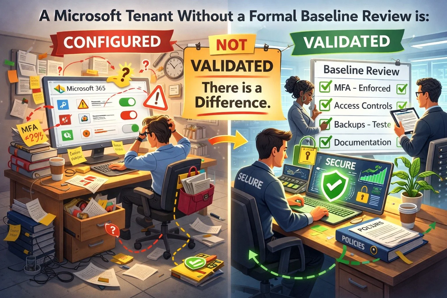A Microsoft tenant without a formal baseline review is:

Configured.

Not validated.

There is a difference.

#Microsoft365 #Security