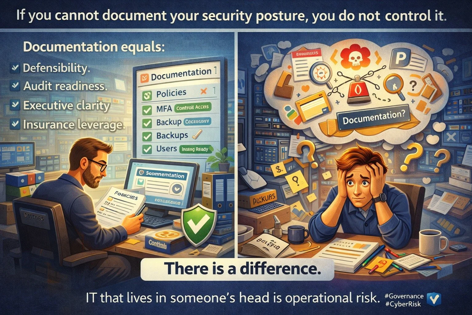 If you cannot document your security posture, you do not control it.

Documentation equals:
&bull; Defensibility
&bull; Audit readiness
&bull; Executive clarity
&bull; Insurance leverage

IT that lives in someone&rsquo;s head is operational risk.

#G
