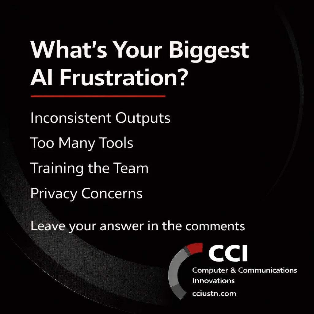 Quick poll for business owners:

What is your biggest frustration with AI right now?

&bull; Inconsistent outputs

 &bull; Too many tools

 &bull; Hard to train the team

 &bull; Privacy concerns

 &bull; Not sure where to start

Understanding this i