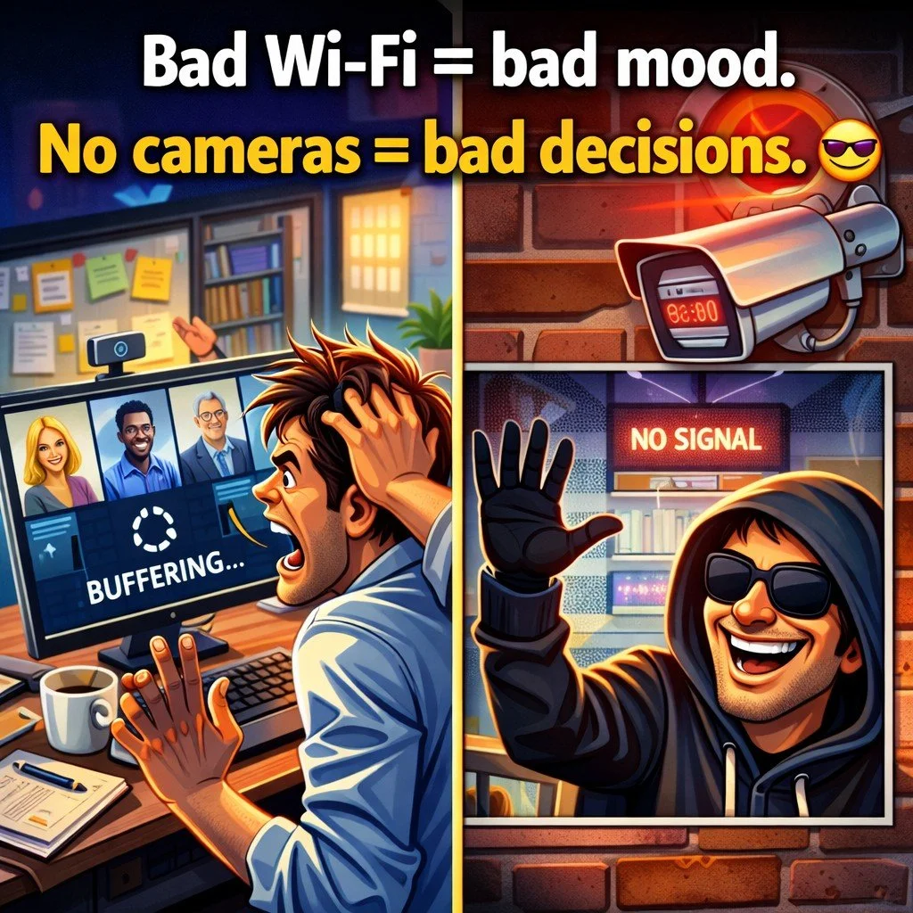 Your business runs on two things whether you think about them or not:

Your network
Your security

If your Wi-Fi is unreliable, your whole team feels it.
If you don&rsquo;t have proper camera coverage, you&rsquo;re leaving gaps you can&rsquo;t afford