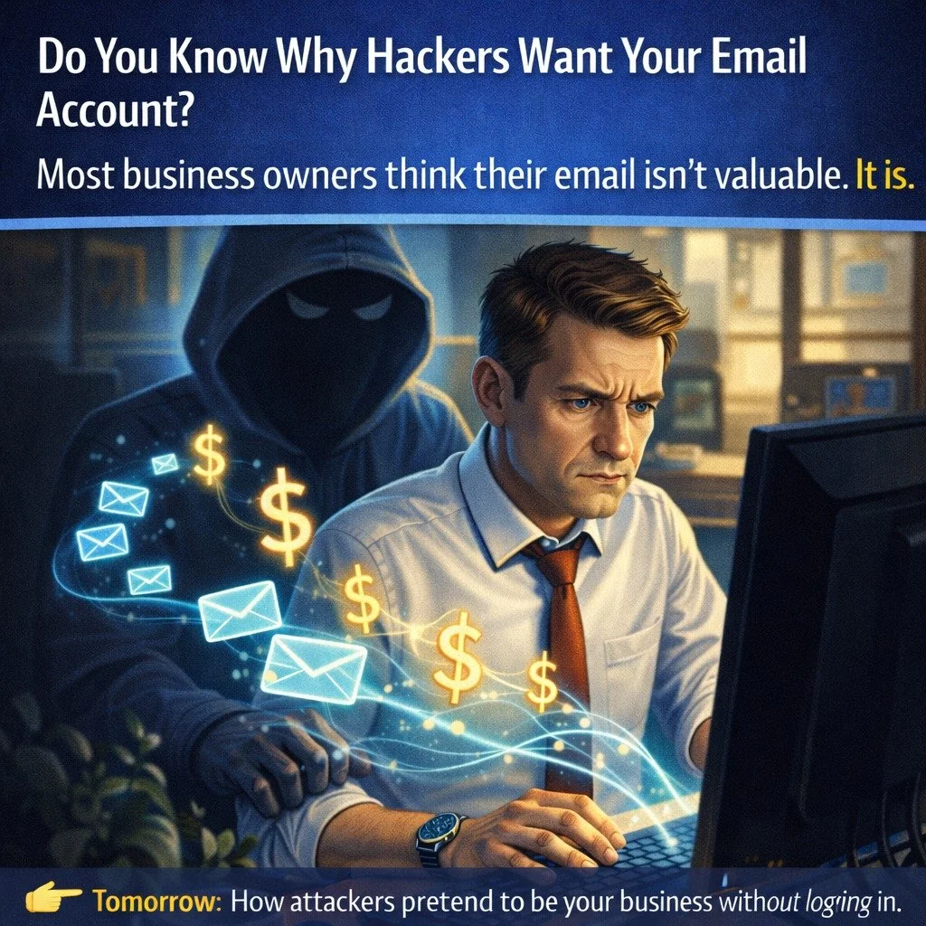 Do You Know Why Hackers Want Your Email Account?

Most business owners think their email isn&rsquo;t valuable.

It is.

Not because of what&rsquo;s inside&hellip;
But because of what it gives access to.

Once someone gets into your email, they can:

