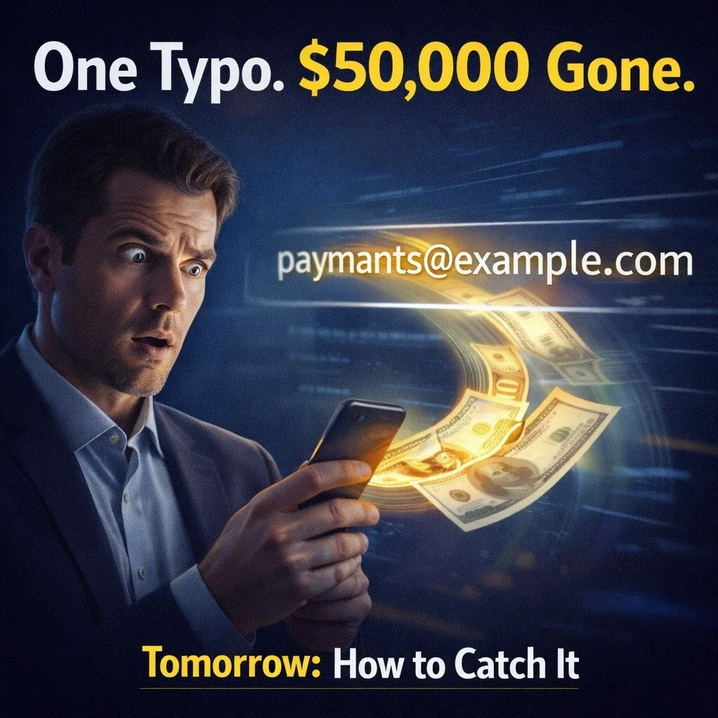 The $50,000 Typo

Here&rsquo;s how it usually happens:

Email comes in from a &ldquo;vendor&rdquo;
Payment details are &ldquo;updated&rdquo;
Domain looks right at a glance
Payment gets sent

Done.

No alarms.
No warning.

Just gone.

We&rsquo;ve seen
