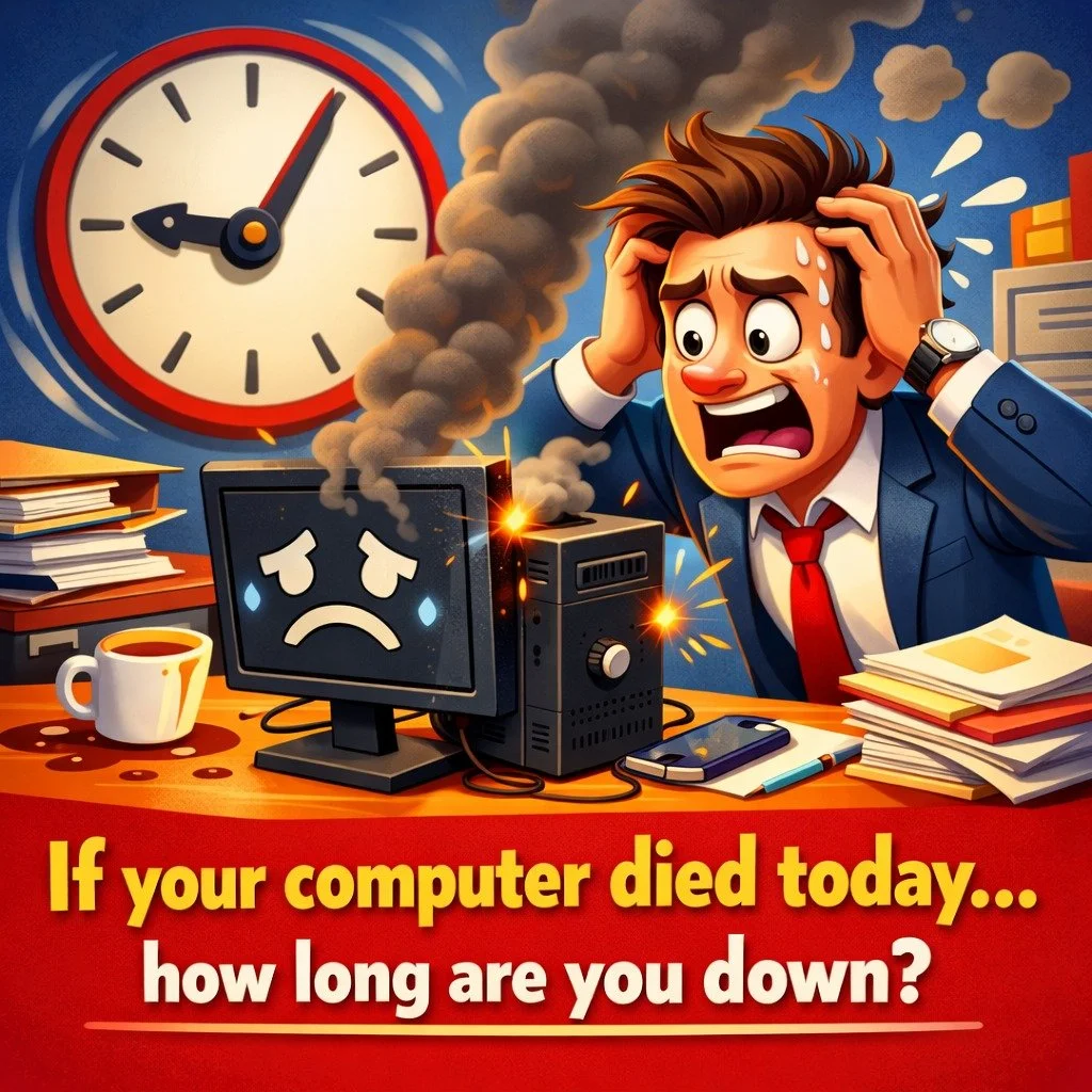 Quick question:

If your main computer died today&hellip;

👉 How long would it take to get your business fully running again?

If the answer isn&rsquo;t &ldquo;same day,&rdquo; you&rsquo;ve got a risk.

Most small businesses don&rsquo;t realize how 