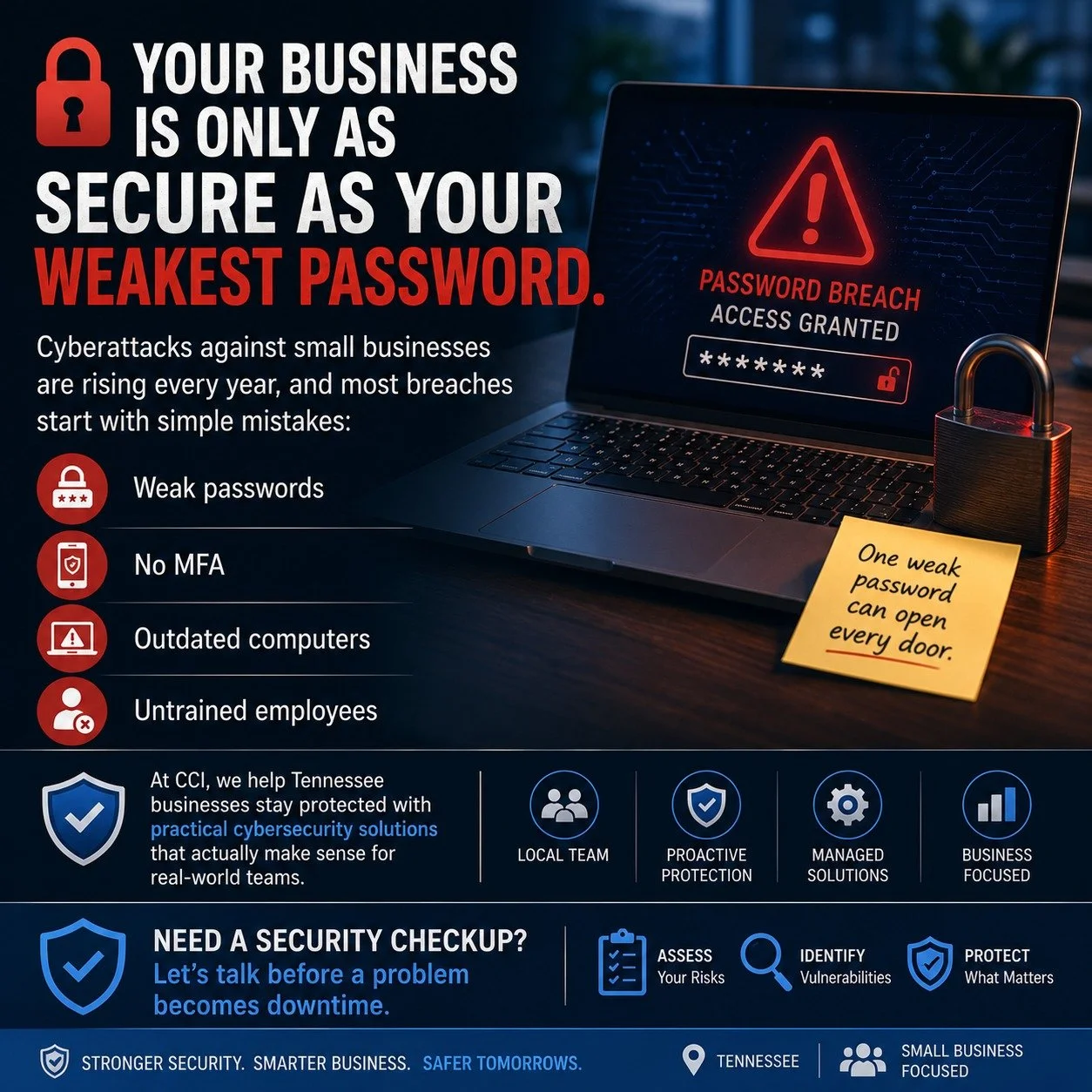 🔐 Your business is only as secure as your weakest password.

Cyberattacks against small businesses are rising every year, and most breaches start with simple mistakes:
✔ Weak passwords
✔ No MFA
✔ Outdated computers
✔ Untrained employees

At CCI, we 