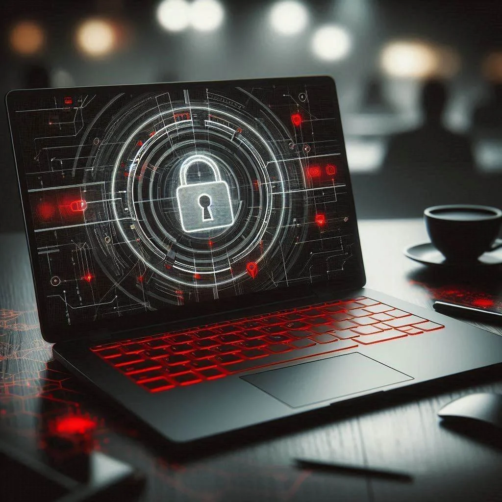 A laptop with a digital lock security graphic on the screen, featuring red highlights, a coffee cup, and a mouse on a desk.