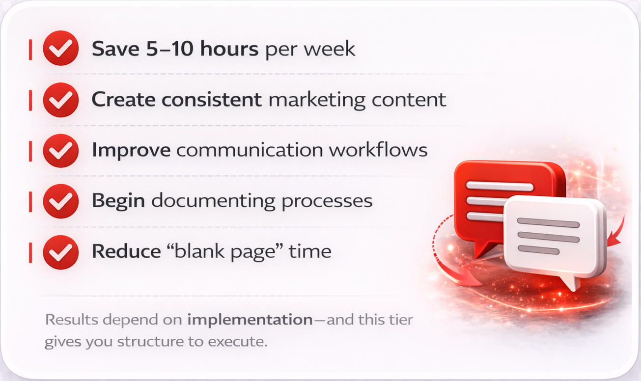 Save 5–10 hours per week Create consistent marketing content Improve communication workflows Begin documenting processes Reduce “blank page” time