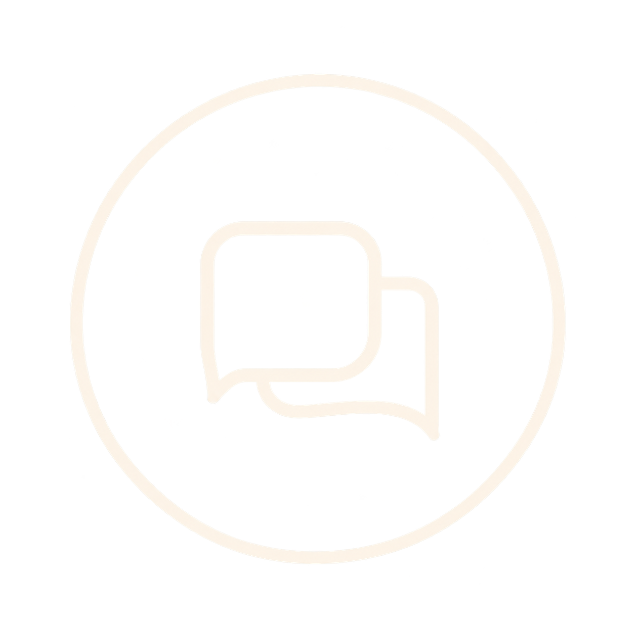Logo with two overlapping speech bubbles inside a circle, outlined in white.