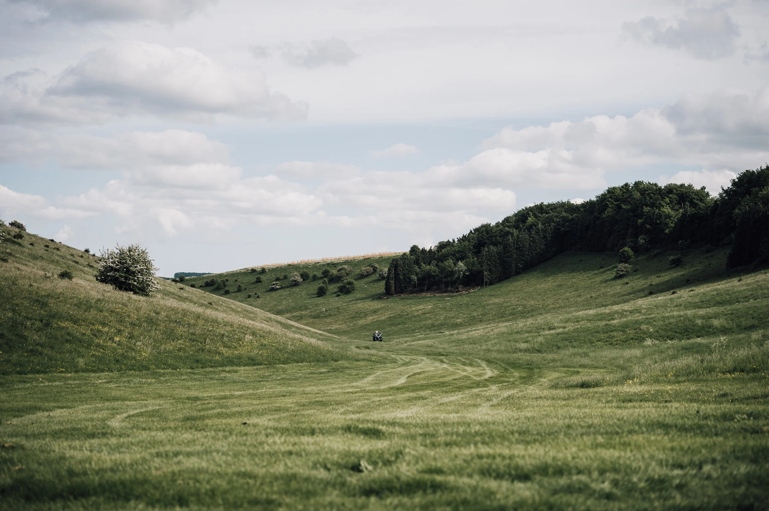 A green grassy valley with rolling hills and scattered trees under a cloudy sky, with a person riding a quad bike in the distance.