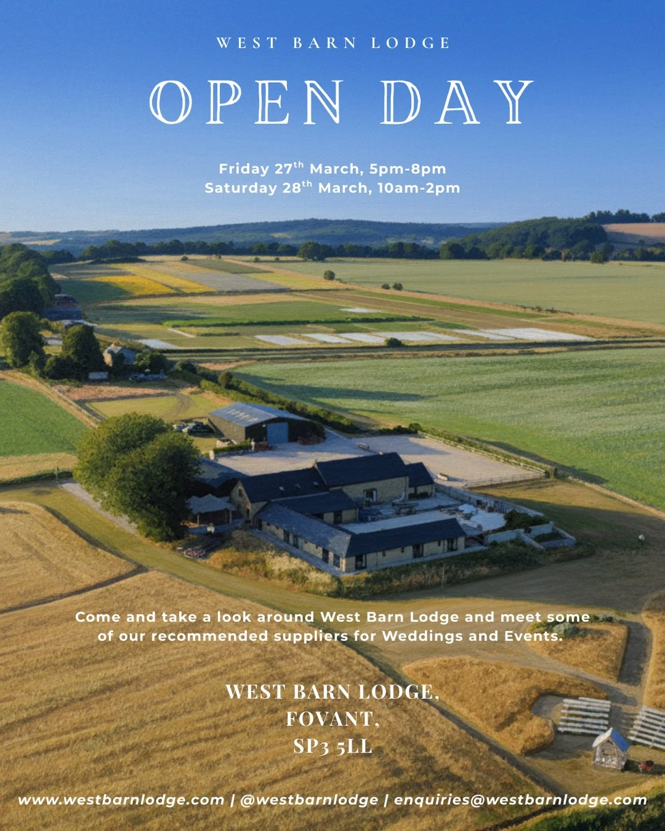 📣 OPEN day at West Barn Lodge! 📣

Come and take a look at all we have to offer on our first Open Day. Take a wander down to the ceremonial arch, look at the accommodation and venue space or talk to one of our recommended suppliers. 

Friday, March 