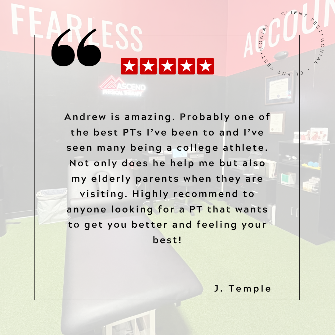 A customer review with five stars, featuring a background of a therapy or fitness office with a massage table, shelves with equipment, and motivational words 'FEARLESS' and 'AUGUST' on the wall.