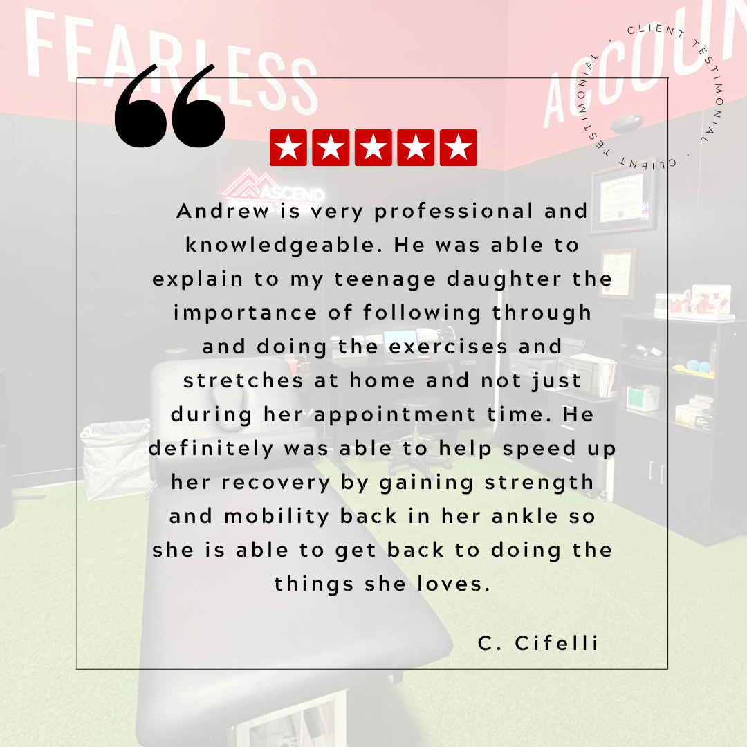 Customer testimonial with 5-star rating on a wall at a physical therapy or medical clinic, featuring motivational words 'FEARLESS' and 'ACCU' in the background.
