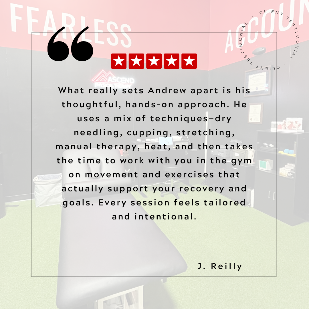 A testimonial quote about Andrew, rated five stars, on a background of a gym or therapy office with fixtures, certificates, and therapy equipment visible.