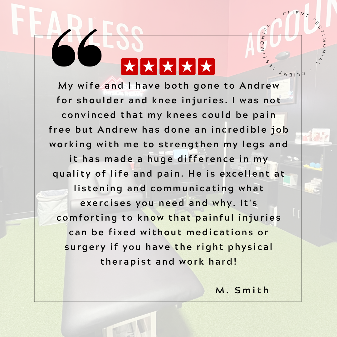 A testimonial quote about physical therapy, with a background of a physical therapy clinic's interior, including therapy equipment.