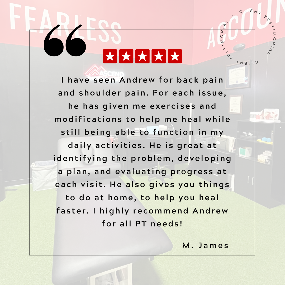 A review with five red stars, a quote, and a testimonial about a physical therapist named Andrew. The background shows a physical therapy clinic with black and pink walls, framed certificates, and training equipment.
