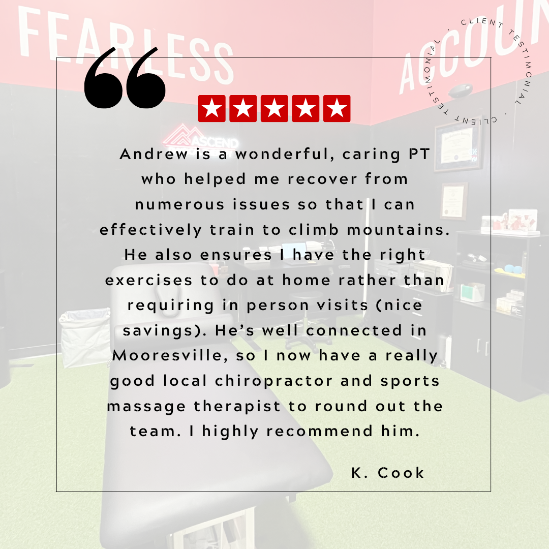 Testimonial review overlay on a blurred background of a chiropractic office with a massage table, cabinets, and wall frames. The review is from K. Cook praising Andrew, a physical therapist, showing a five-star rating.