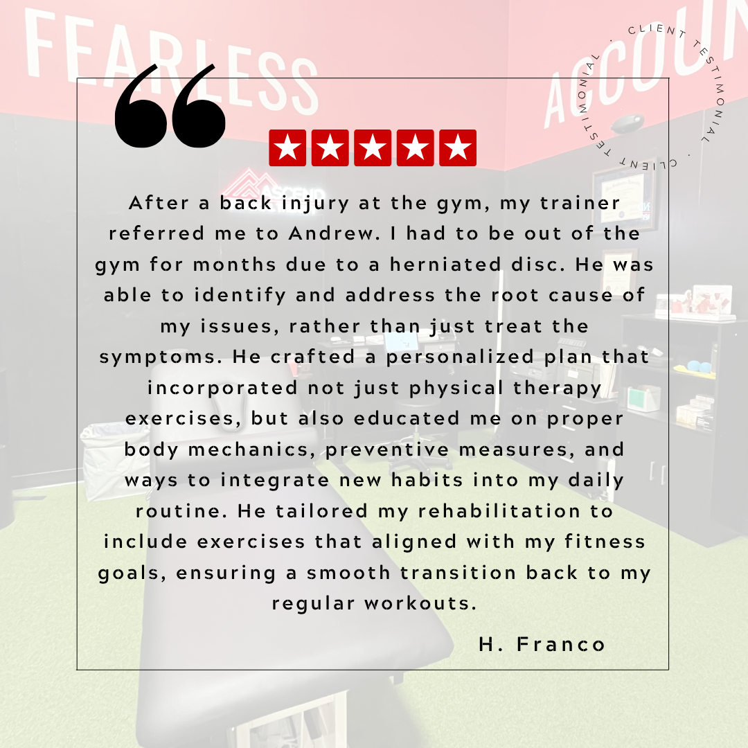A testimonial quote overlay on a gym recovery room wall with motivational words 'Fearless' and 'Authentic' in the background.