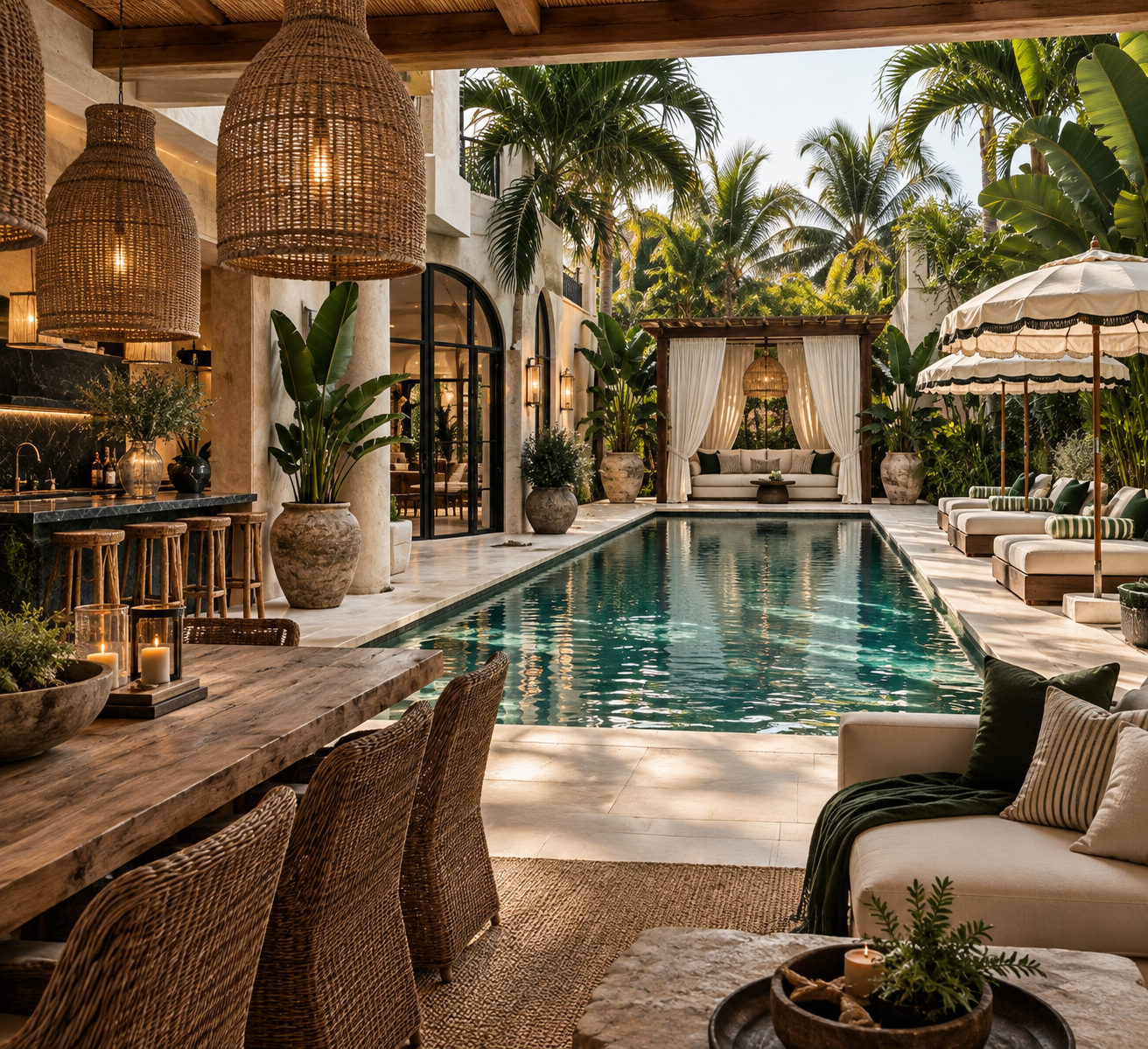 Luxurious outdoor pool area with tropical plants, wicker pendant lights, and patio furniture, including a seating area with curtains, umbrella loungers, and a dining table with candles, set in a lush tropical environment.