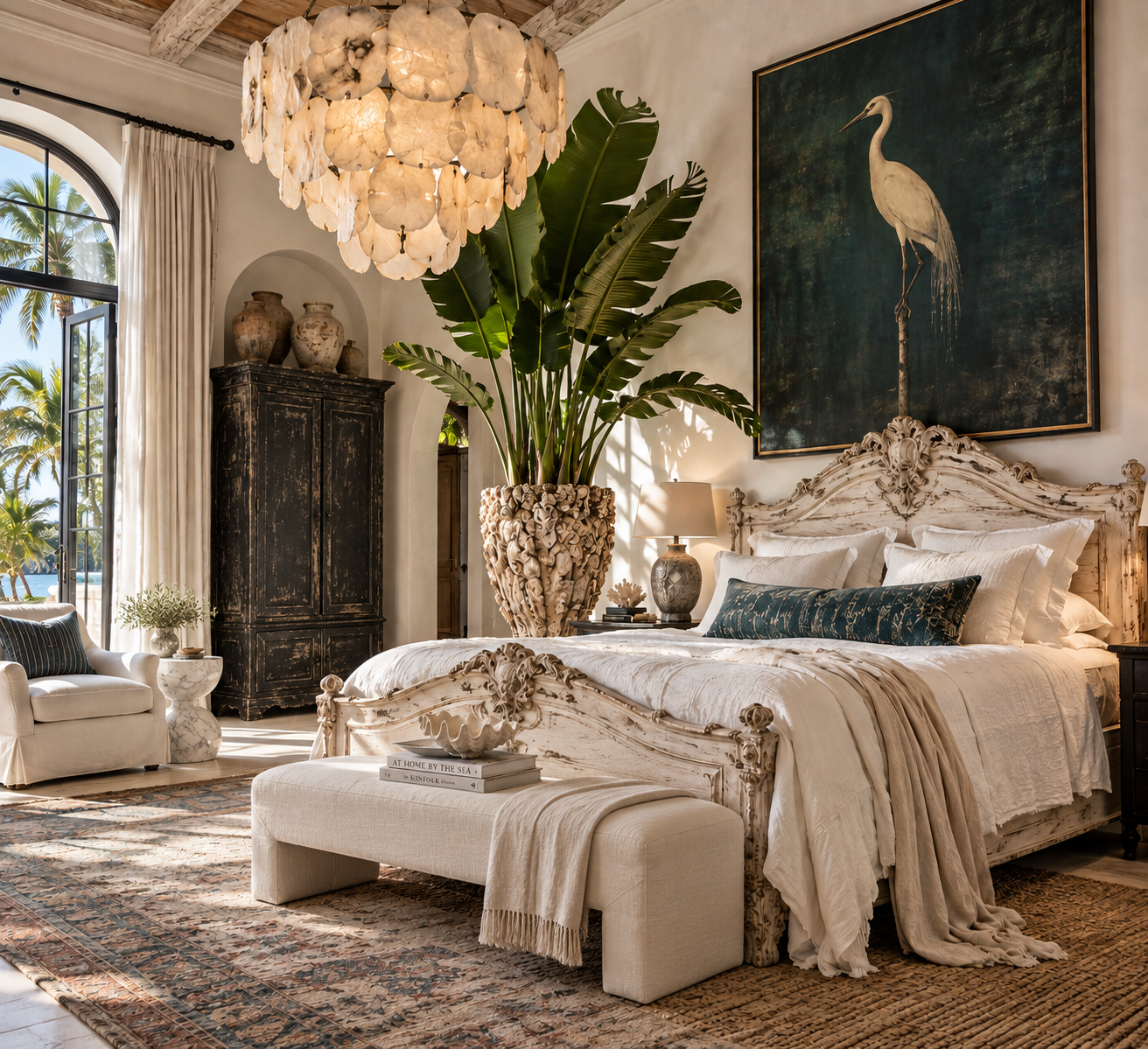A tropical-themed bedroom with a large bed featuring intricately carved whitewood headboard, white bedding, and decorative pillows. There is a large potted plant, a black armoire, and framed artwork of a heron behind the bed. A chandelier made of shells hangs from the ceiling. A side table with a lamp and a bench at the foot of the bed are also present. Large windows show palm trees and a view of the ocean outside.