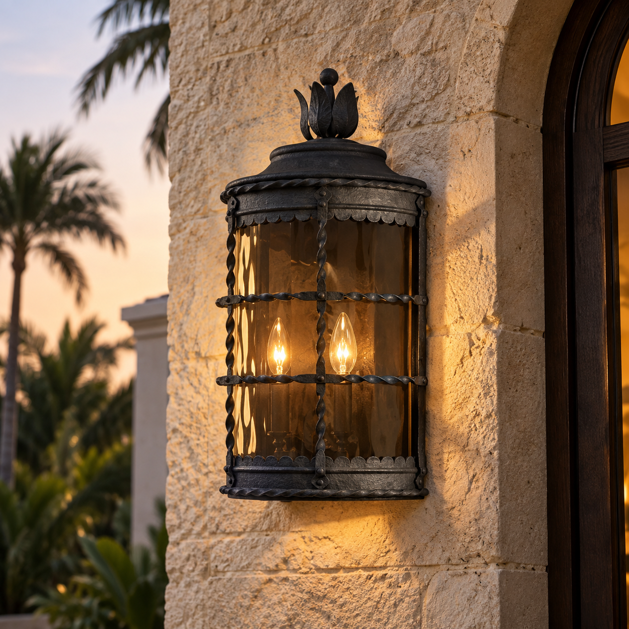 Mallorca 19½-Inch 2-Light Pocket Lantern by House of Antique Hardware, featuring an Old World blackened finish, decorative metalwork and warm glass-enclosed illumination.