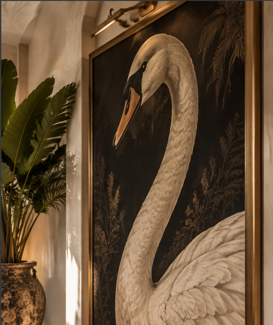 Dramatic swan artwork commands attention, balancing classic elegance with an unexpected edge. A single oversized piece can define the character of an entire room.