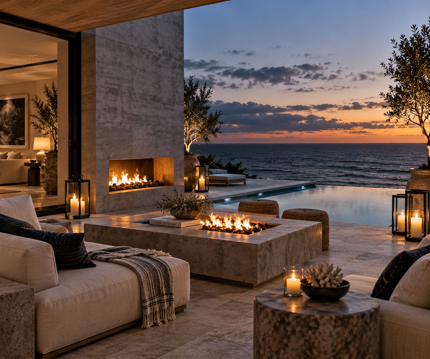 Contemporary oceanfront terrace at dusk with architectural concrete fire features, an infinity pool, cream seating, dark accents and glowing lanterns overlooking the sea.