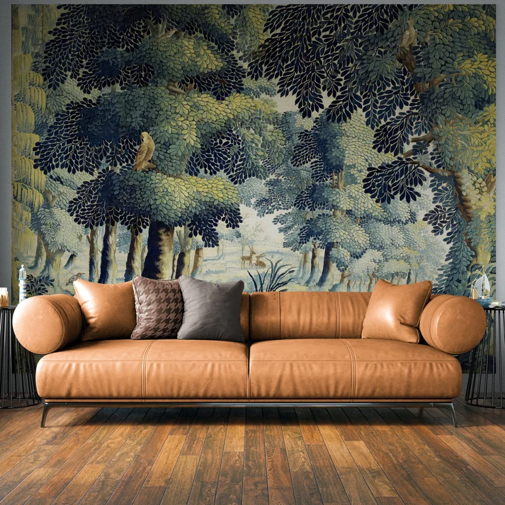 Extraordinary Flemish Verdure Tapestry by Romantic English, featuring a richly woven woodland scene in layered blue-green, sage and muted gold tones—an Old World textile that brings art, history and dramatic scale to a contemporary interior.