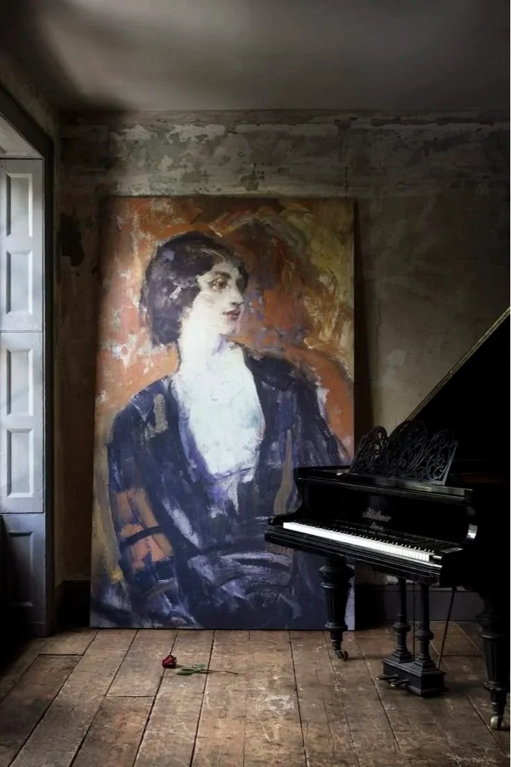 Lillah McCarthy by Ambrose McEvoy, available as a print through Art UK. Expressive brushwork and rich ochre tones bring timeless drama to a layered interior.