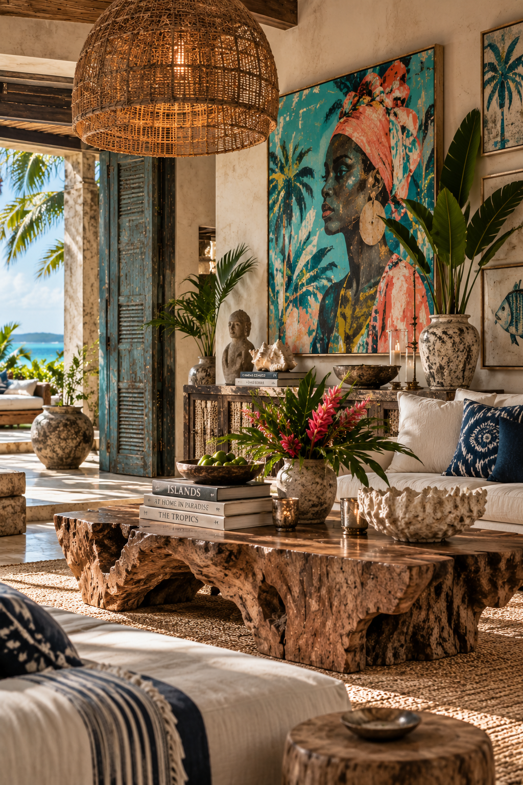 Layered tropical living room with vibrant Caribbean-inspired artwork, sculptural wood furniture, woven lighting, indigo textiles and lush greenery overlooking turquoise water.