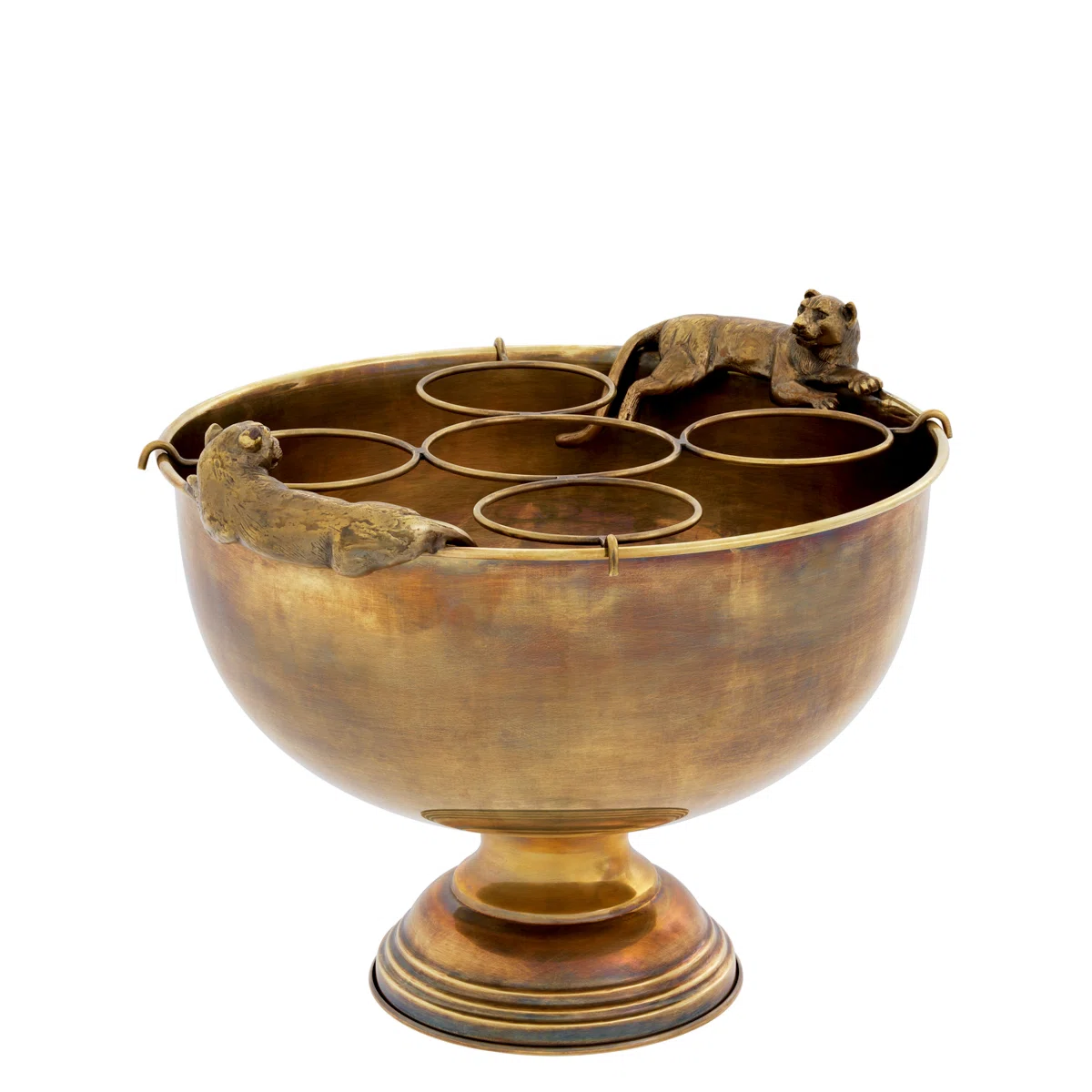 Jordan Champagne Bucket by Eichholtz, through Perigold. A vintage brass finish and sculptural puma handles bring playful grandeur and old-world glamour to entertaining.