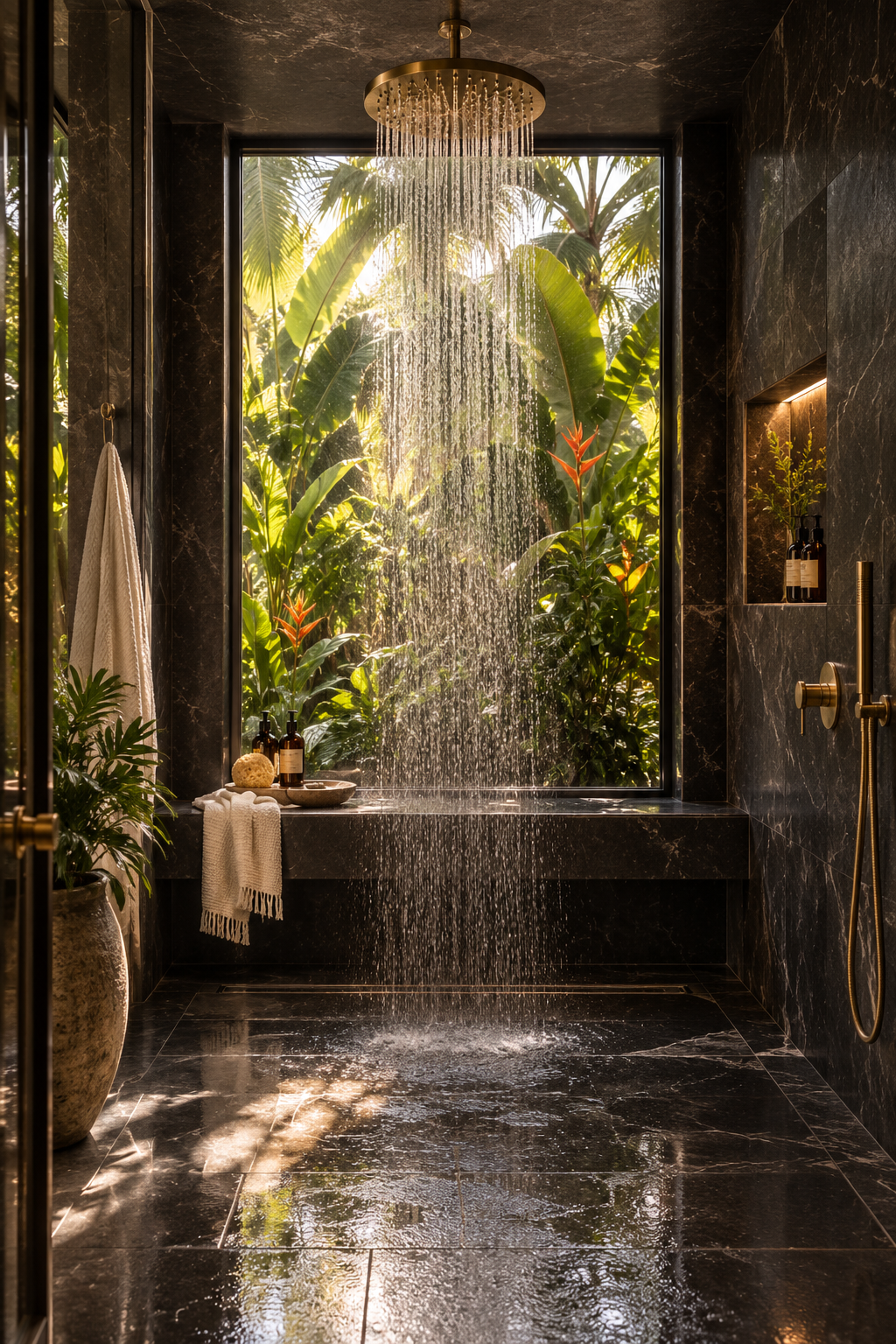 Luxurious bathroom with a large floor-to-ceiling window overlooking lush tropical plants, black marble walls and flooring, a rain shower overhead, and decorative plants and toiletries.