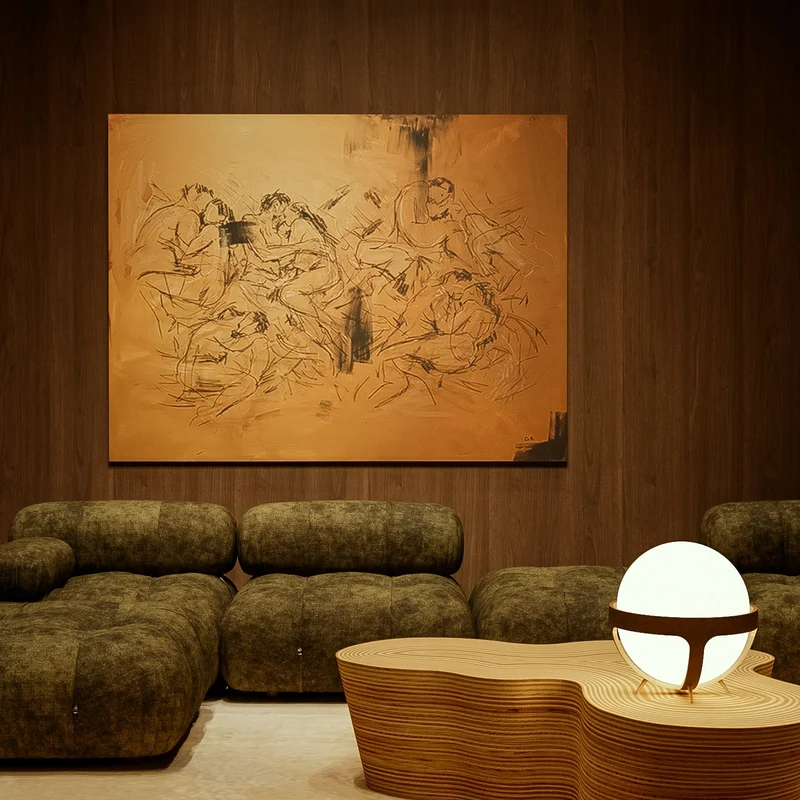 Unison, a large-scale painting through The Oblist. Gestural figures and layered ochre tones explore human connection, bringing warmth, movement, and expressive depth to a room.