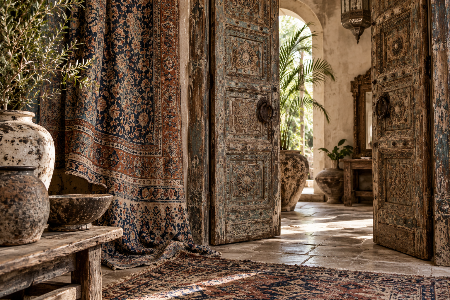 Weathered carved wood doors open onto a sunlit courtyard, surrounded by layered antique textiles, handwoven rugs, aged pottery and timeworn stone.