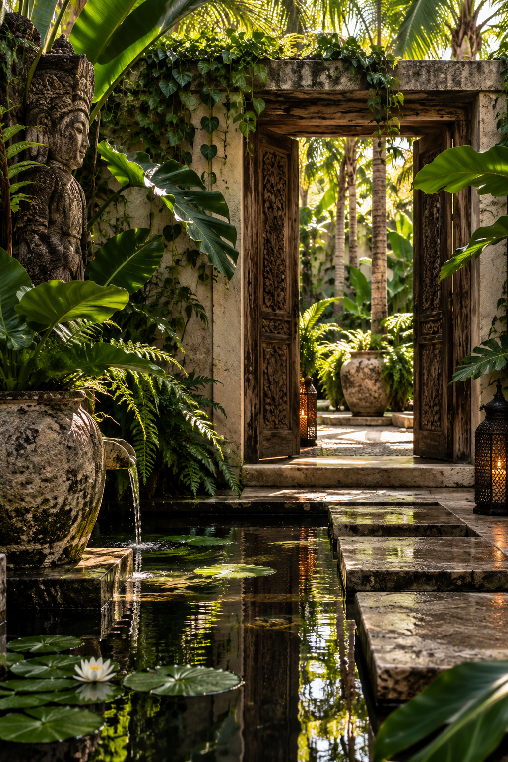Lush tropical courtyard with carved wood doors, weathered stone, a reflective lily pond, stepping stones and dense green foliage.