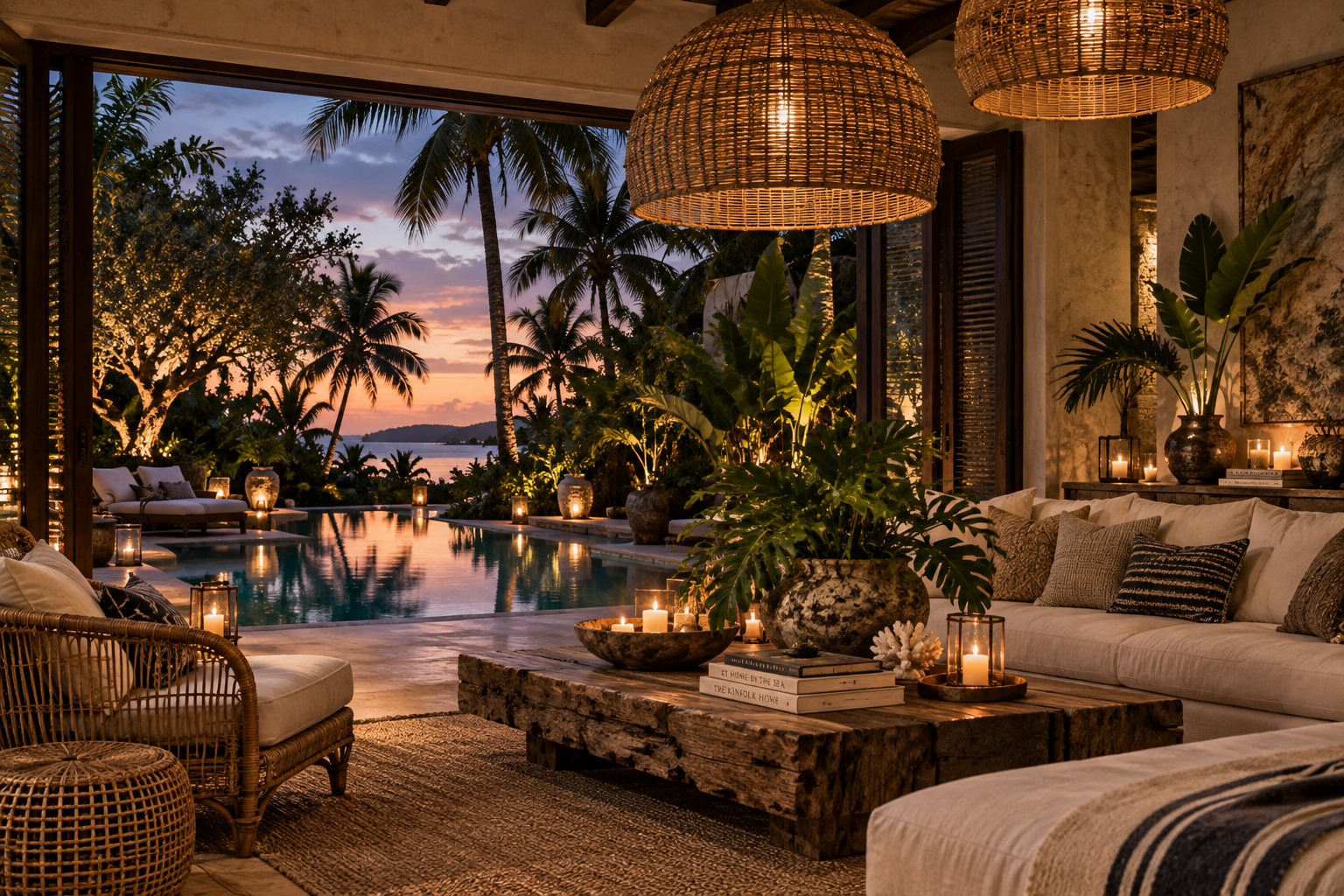 Tropical indoor-outdoor living room at sunset with woven lighting, natural wood, lush palms, candlelight and a reflective pool overlooking the water.