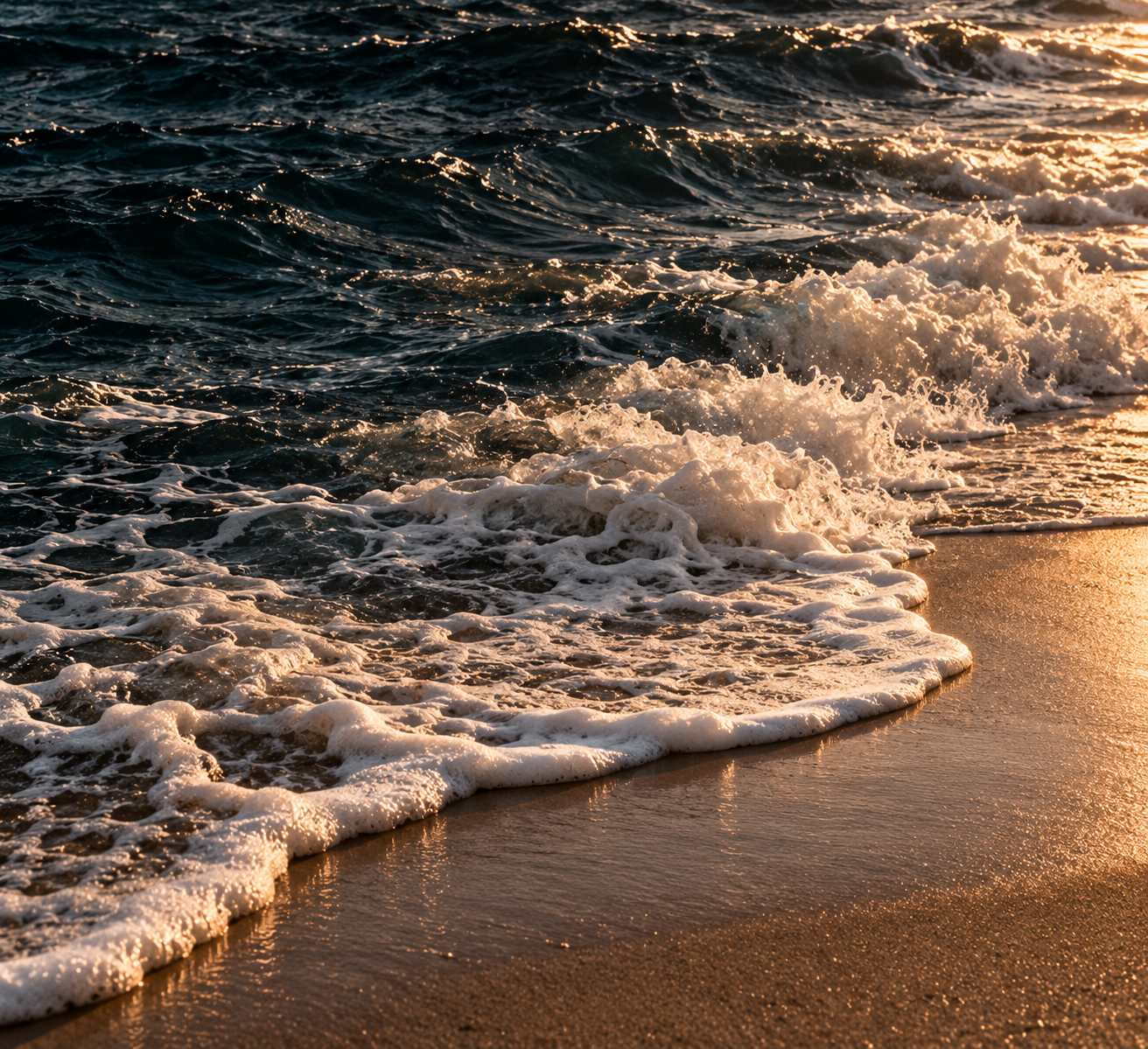 Deep blue ocean waves meeting warm wet sand with sculptural white sea foam illuminated by golden coastal light.