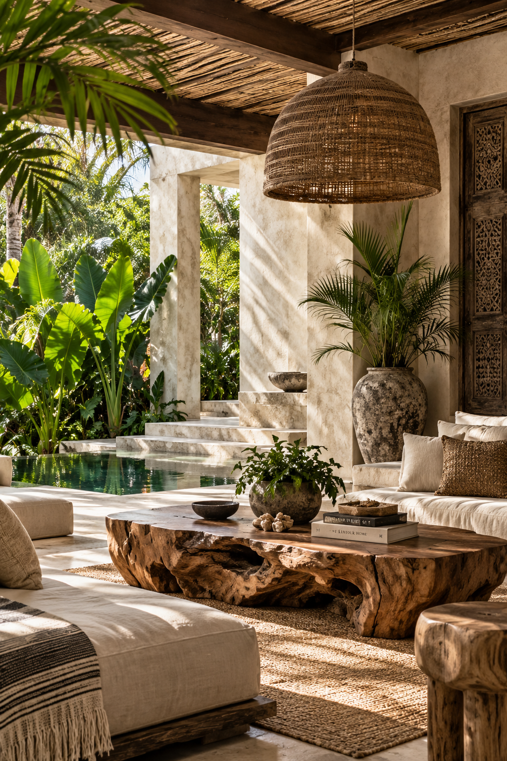 Tropical indoor-outdoor lounge with a sculptural live-edge wood table, oversized woven pendant, natural stone, linen seating and lush greenery.