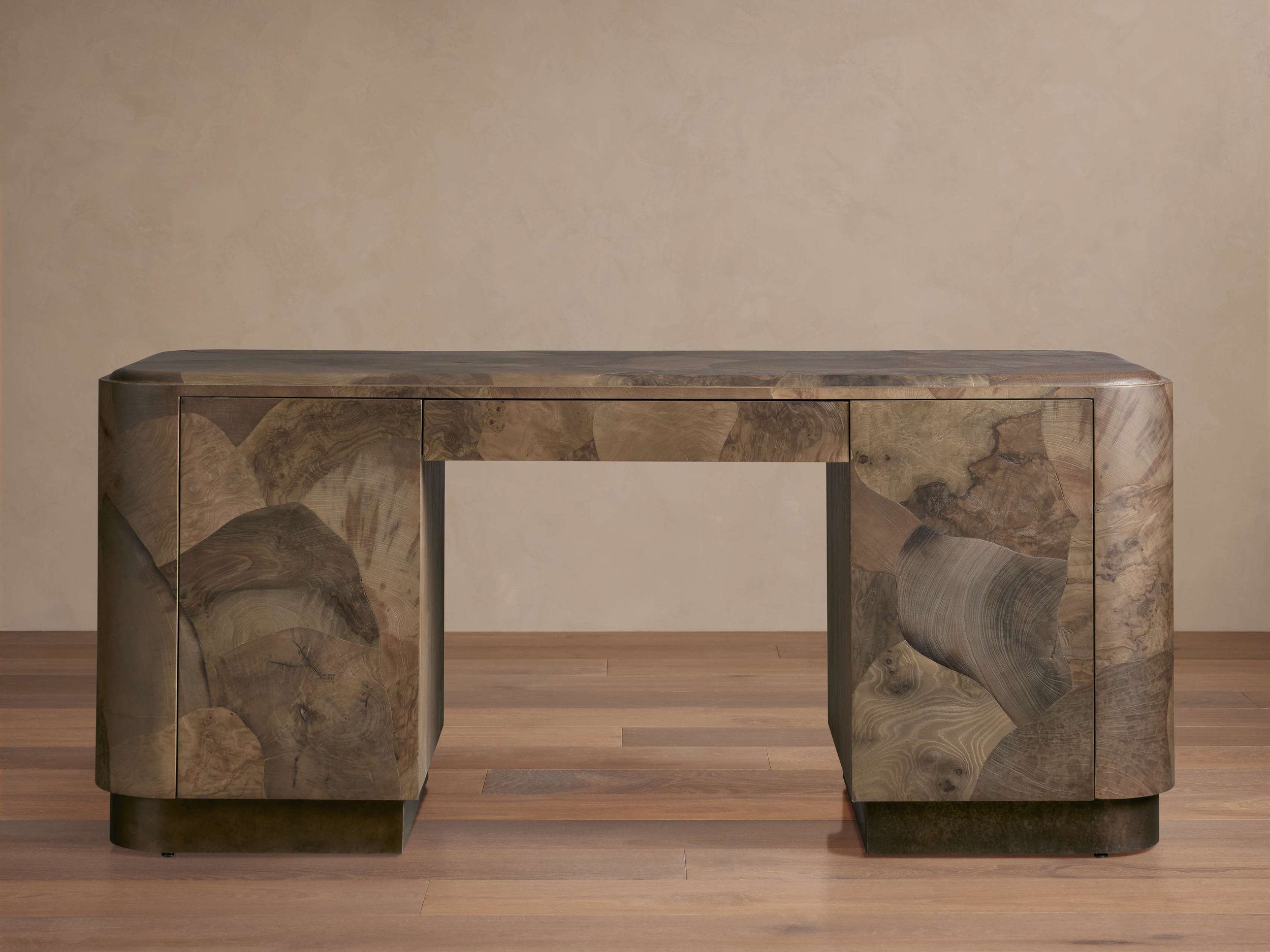 Polanco Executive Desk in mixed ash burl and salvaged wood by Arhaus.