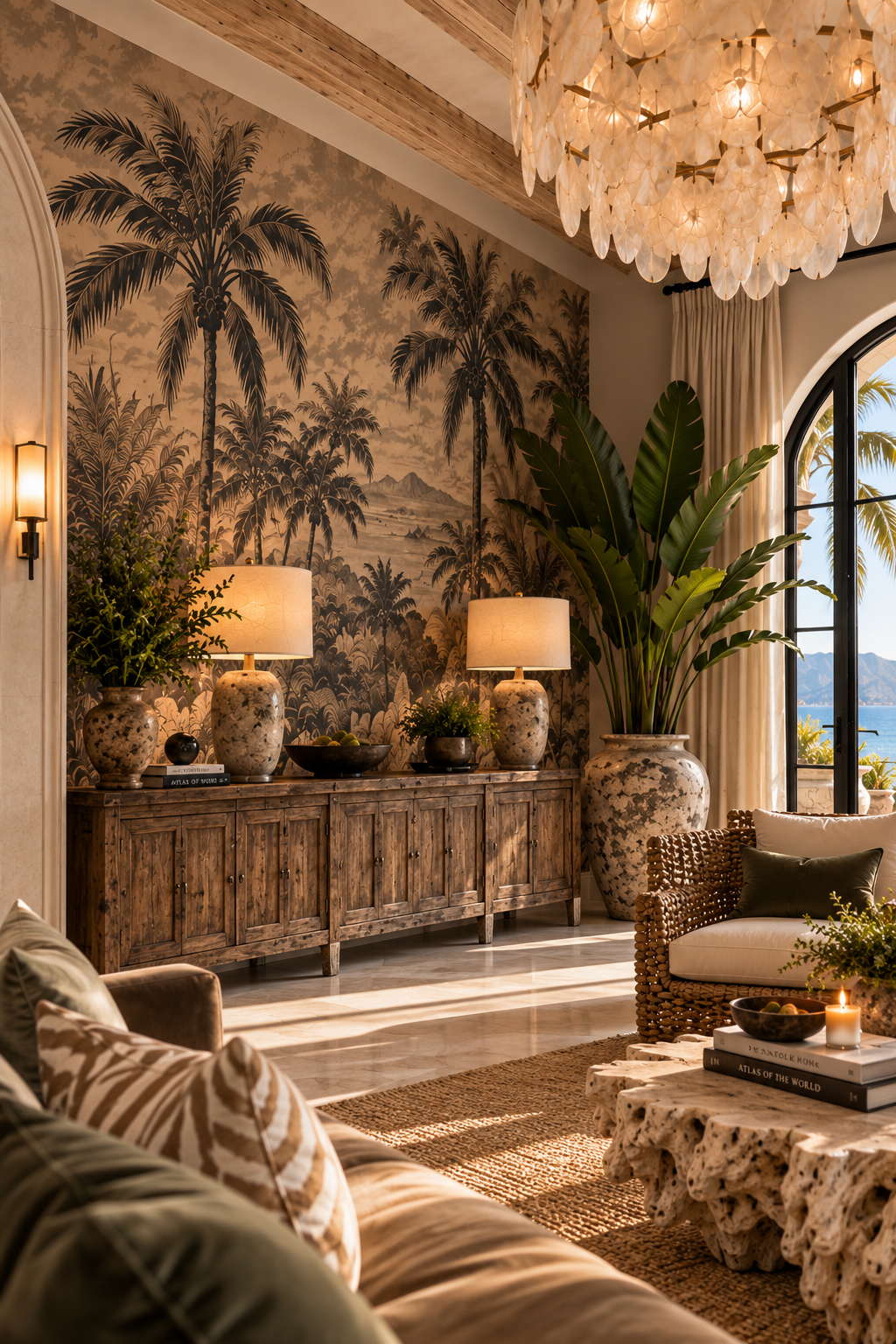 Living room with tropical theme, featuring a large palm mural, tall potted plant, wooden sideboard with lamps, and a rattan armchair.