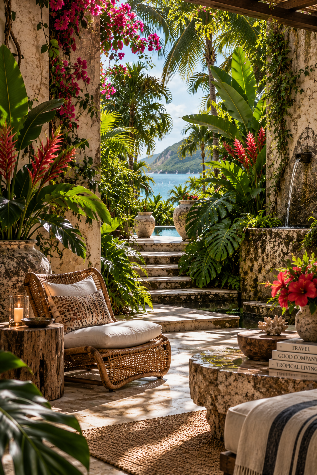 Lush tropical veranda with woven seating, weathered stone, palms, flowering bougainvillea and ginger, a water feature and turquoise sea beyond.