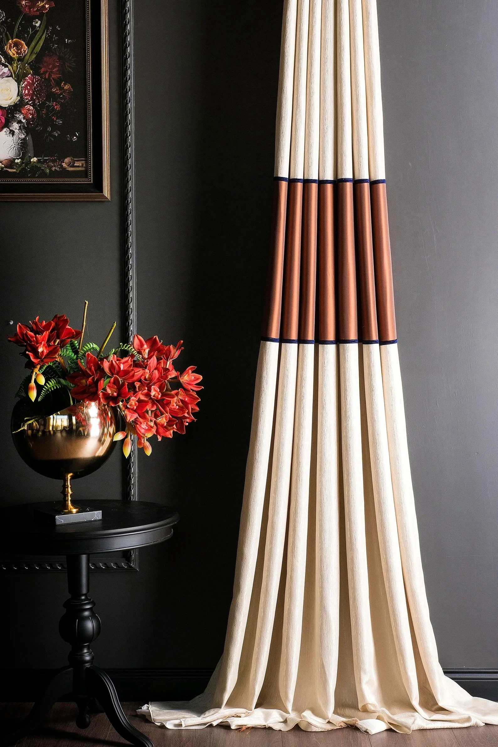 Color Block Curtains by FH FABRIC, through Etsy. Cream panels with a warm terracotta band and dark contrasting trim bring tailored elegance and soft drama to a room.