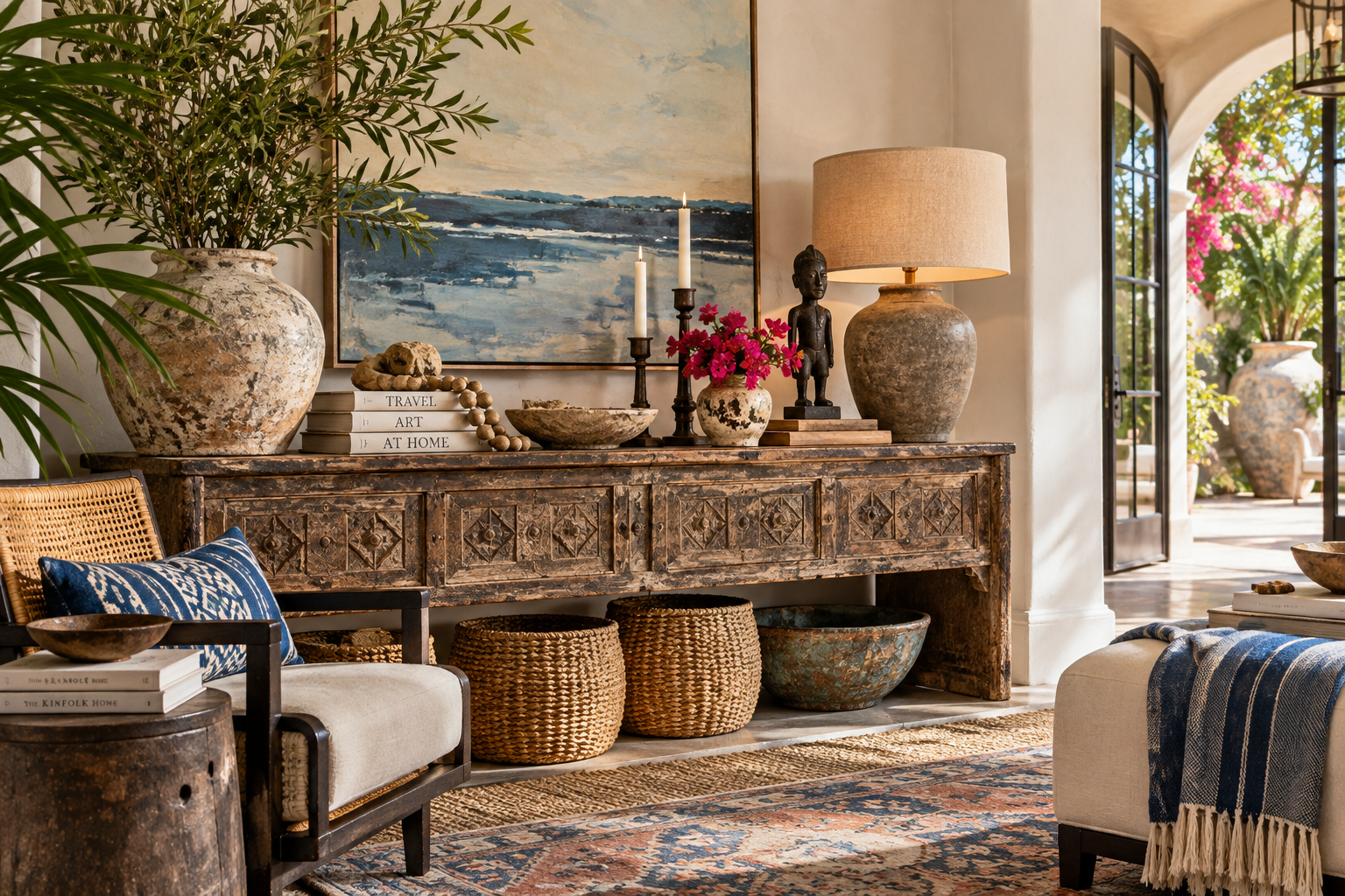 Layered collected interior with a carved wood console, global objects, blue textiles, woven baskets, pottery, artwork and vibrant flowers in warm natural light.