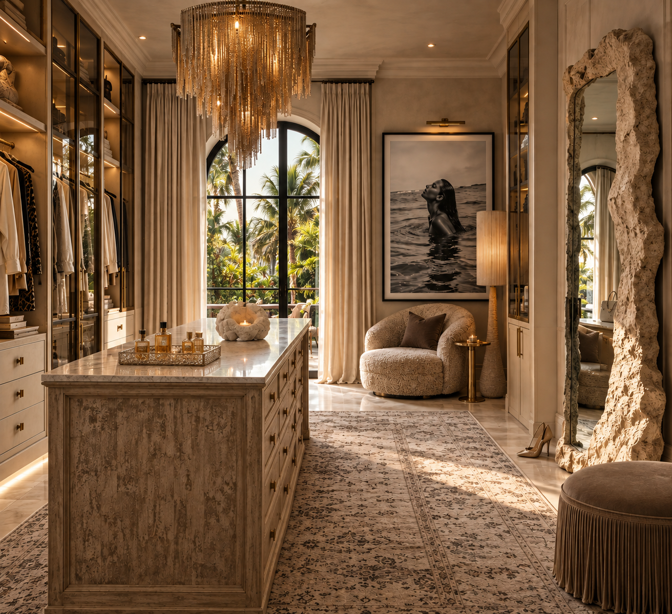 Luxurious bedroom with large window overlooking a tropical garden, elegant chandelier, framed black and white photo on wall, plush armchair, ornate mirror, and stylish decor.