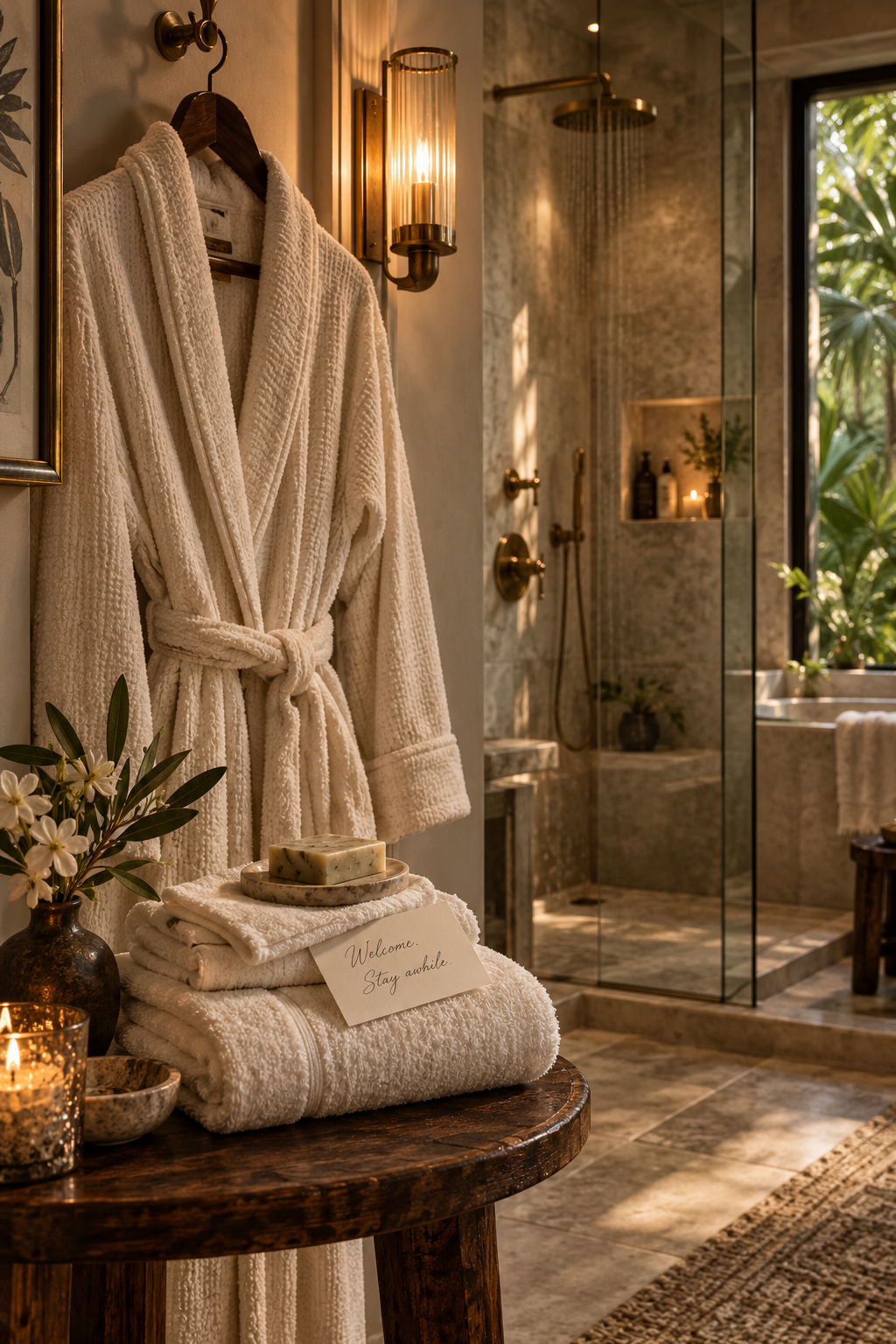 A cozy bathroom with a white bathrobe hanging on a hook, a table with folded towels, candles, and toiletries, with a shower area and a window with greenery outside.