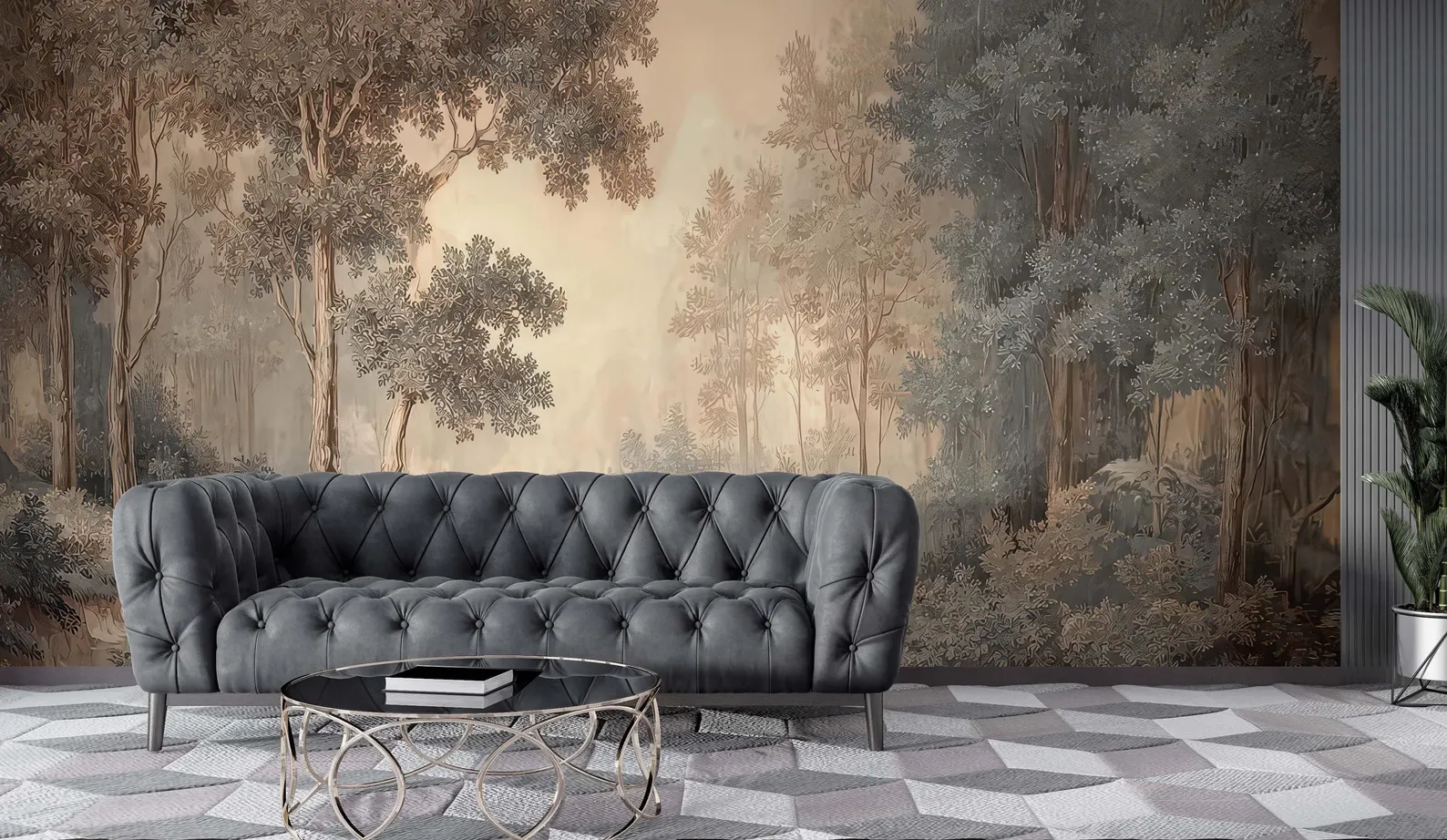 Vintage Forest Wallpaper Mural | Bespoken Walls

Inspired by traditional scenic wallcoverings, this atmospheric woodland mural brings Old World character through softly layered trees, muted earth tones, and intricate botanical detailing. A richly tex