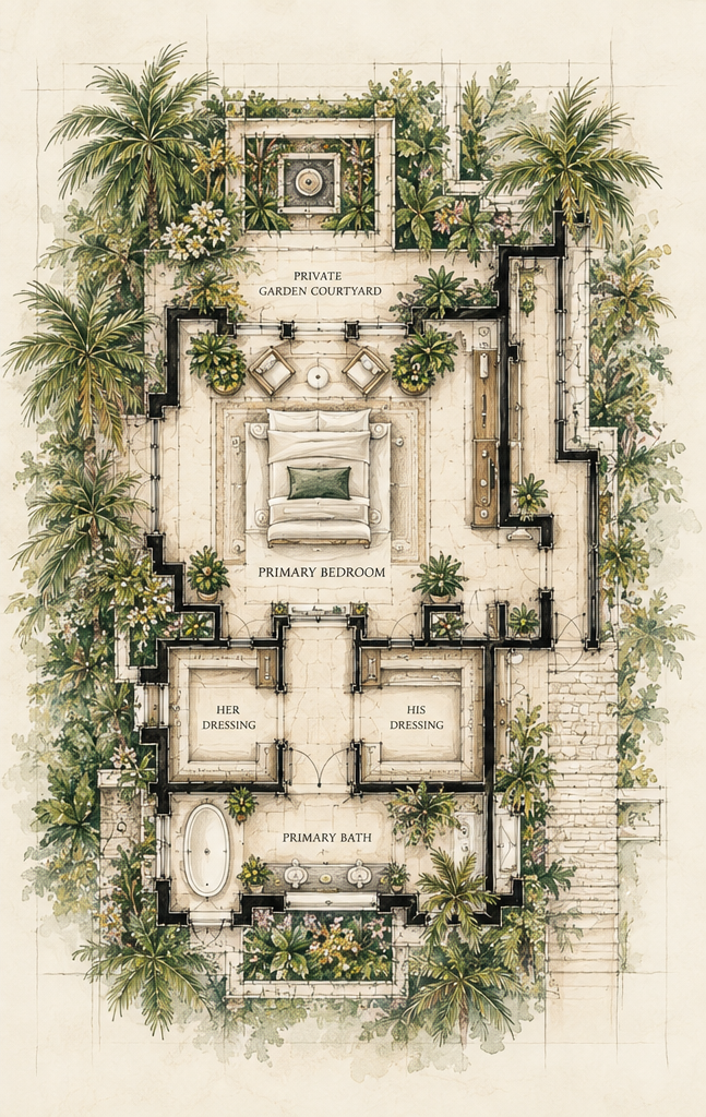 Architectural floor plan of a primary bedroom with an adjacent private garden courtyard, dressing rooms for her and him, and a primary bathroom with a bathtub, all surrounded by lush tropical landscaping.