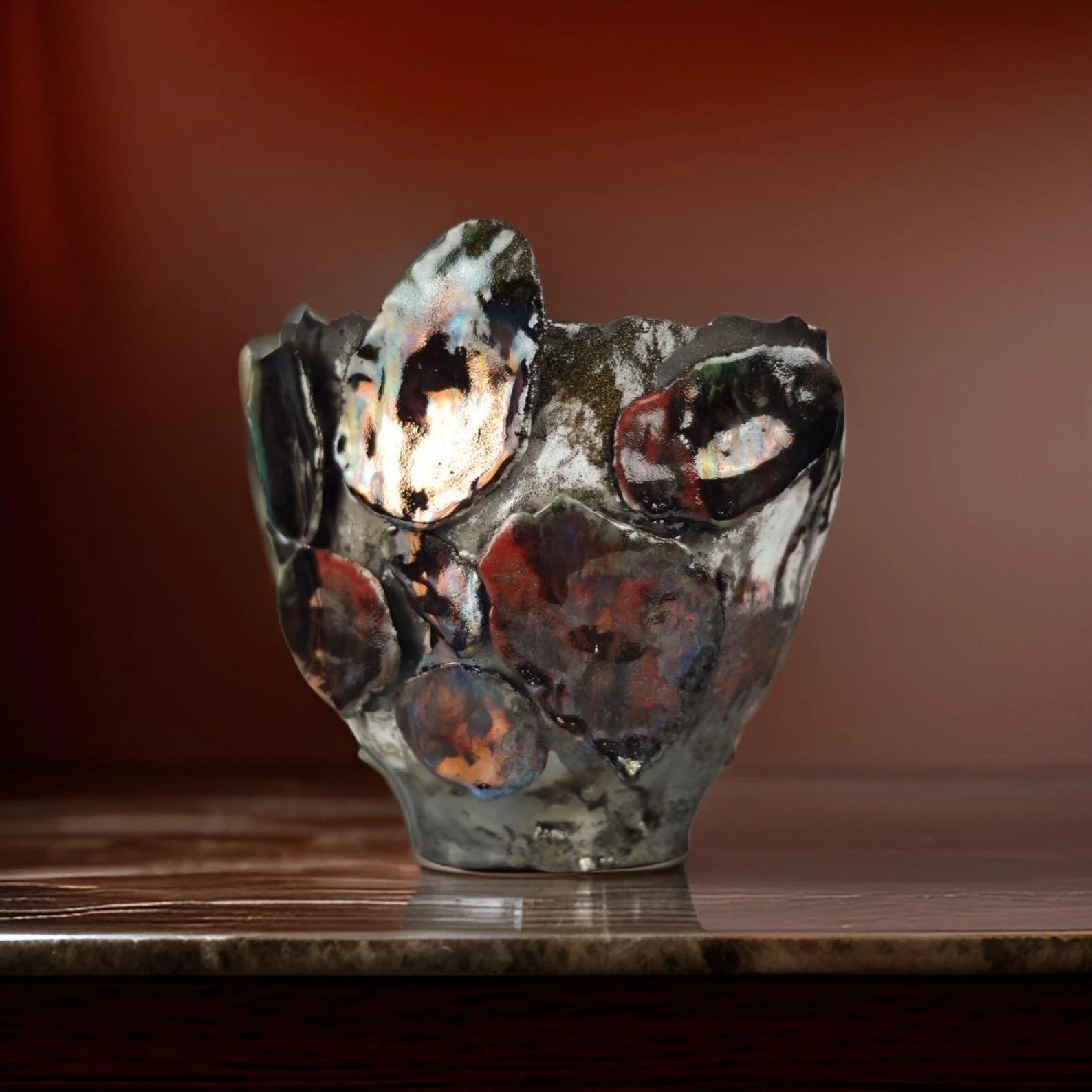 Raku Ceramic Vase by Verbivsky Ceramics, through Etsy. An irregular rim and layered charcoal, copper, and metallic tones create expressive texture.