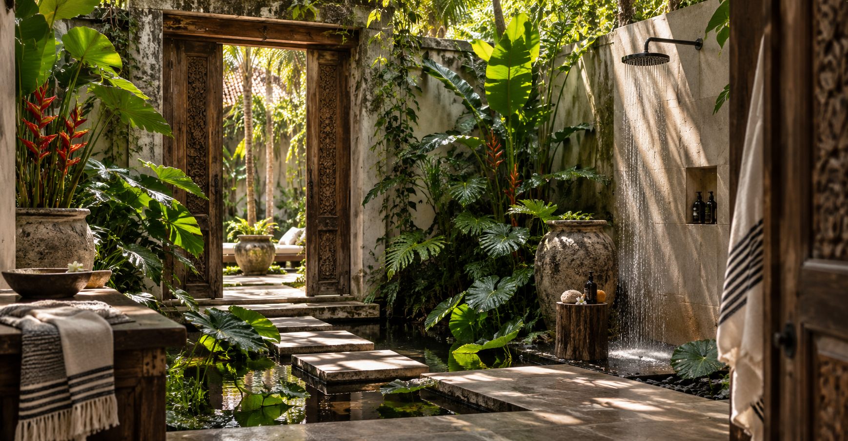 Lush tropical courtyard with an outdoor rain shower, carved wood doorway, stepping stones, reflective pond and dense green foliage.