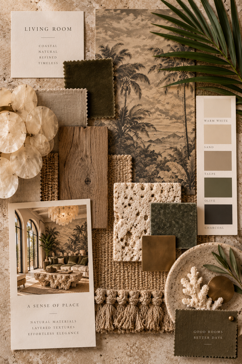 Interior design mood board featuring palm tree mural, fabric swatches in neutral tones, wooden sample, textured tiles, a gold decorative piece, a photo of a living room with green sofa and chandelier, color palette with warm white, sand, taupe, olive